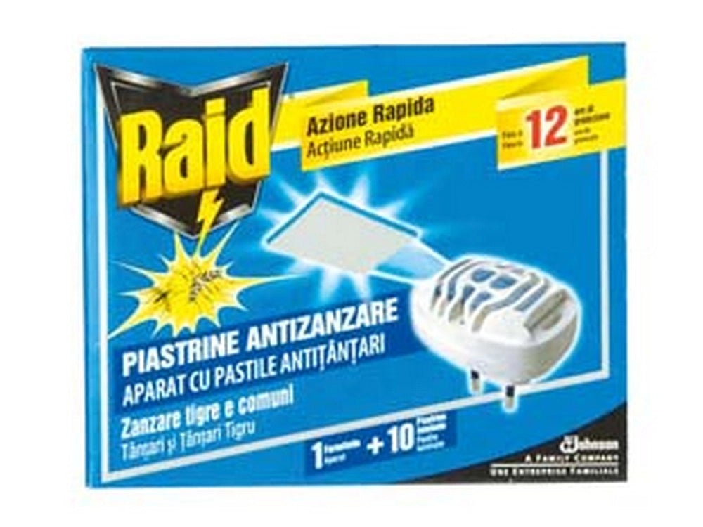 12pz raid antizanzare fornelletto + 10 piastrine - 1 diffusore + 10 piastrine cod:ferx.fer250870