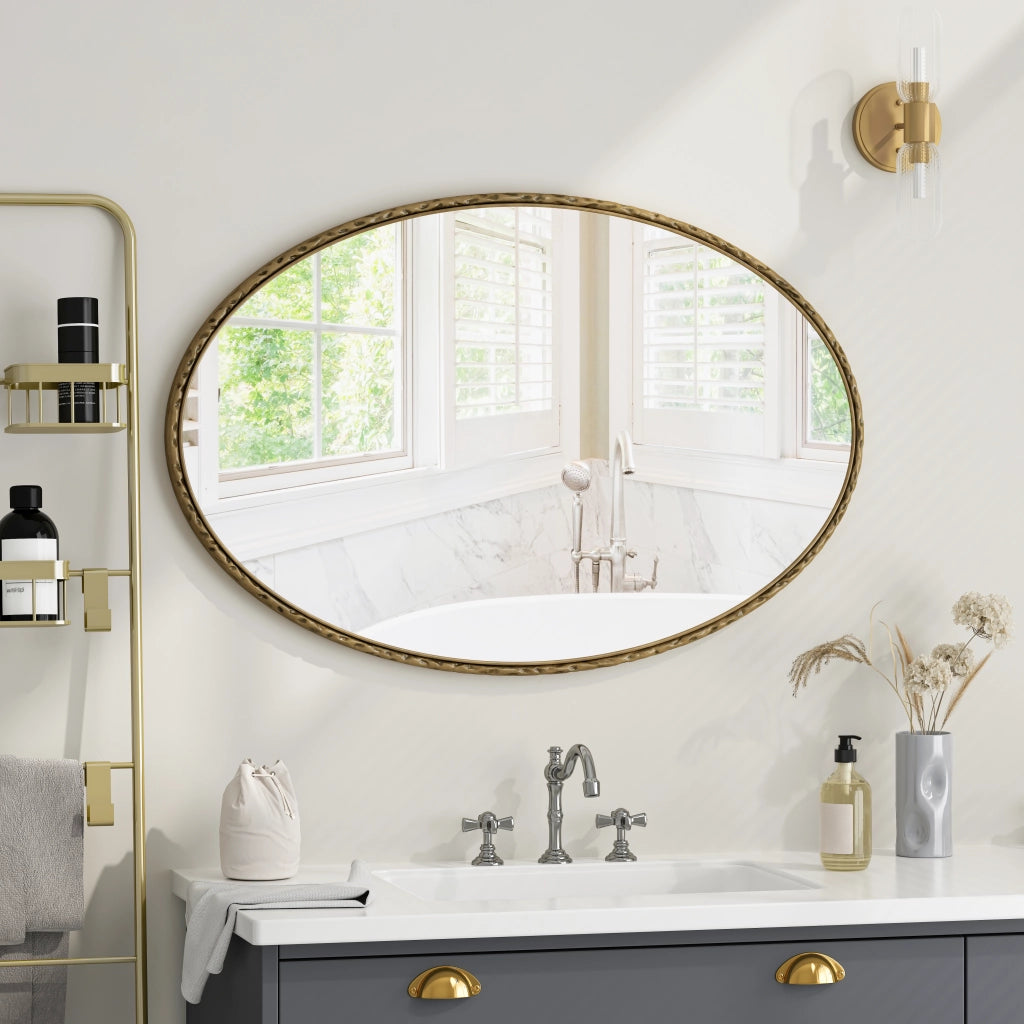 Specchio semplice ovale con cornice in ferro effetto retrò da parete per bagno camera e soggiorno in vetro oro 110 × 75 cm