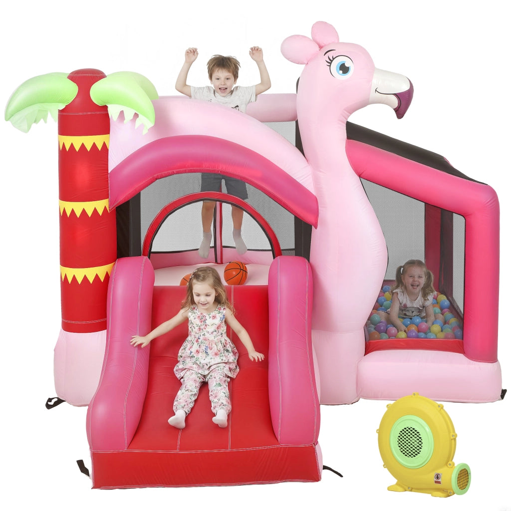 Castello Gonfiabile per Bambini con Scivolo, Trampolino, Vasca di Palline e Canestro Basket, 255x230x196 cm, Rosa