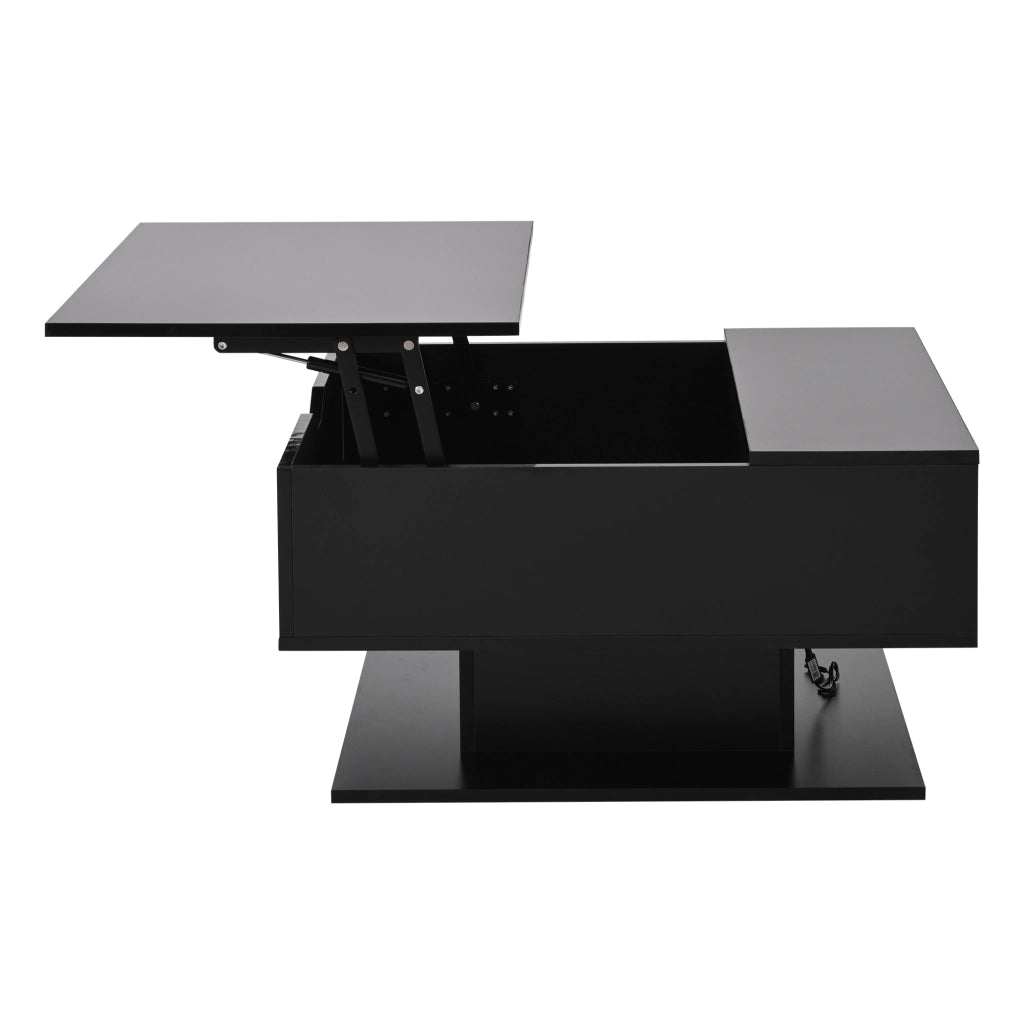 OKWISH Tavolino da Salotto Alzabile con Vano Contenitore e Spazio Semiaperto, LED, per Soggiorno, Pannello di Particelle, Nero, 80 x 75 x 40 cm
