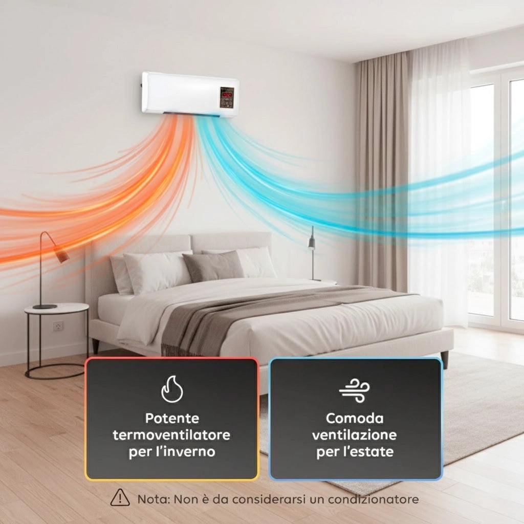 Termoventilatore Elettrico Da Parete 2000W Con Telecomando Display LED Doppia Modalità Caldo E Ventilazione Timer 6 Ore Stufa Silenziosa Per Camera Ufficio Piccoli Ambienti 54 x 14 x 20 Cm Bianco