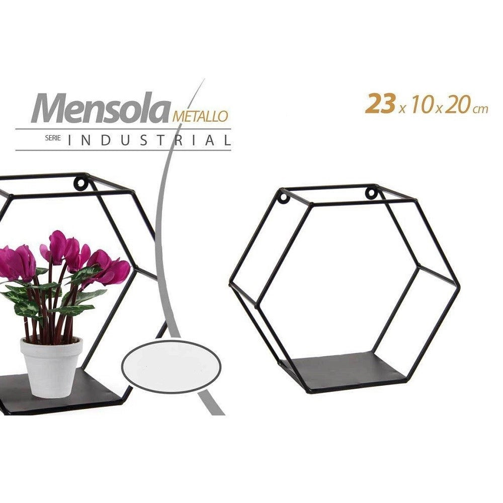 Trade Shop - Mensola Esagonale Bacheca Parete Metallo Classico Moderno Nero 23x10x20cm 822193 -