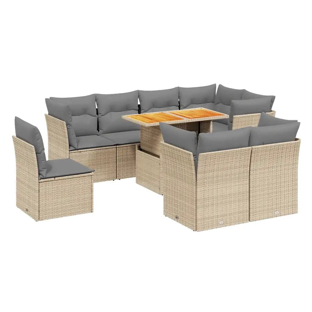 Set Divano da Giardino 9 pz con Cuscini Beige in Polyrattan