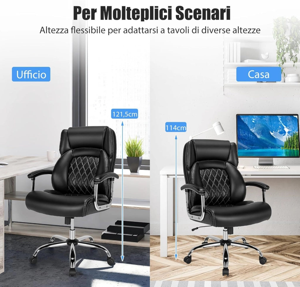 Sedia Ufficio in Pelle, Poltrona Scrivania Regolabile in Altezza, Sedia da Lavoro Girevole con Braccioli Imbottiti, con Base in Metallo, Schienale Oscillante, Portata 227 kg