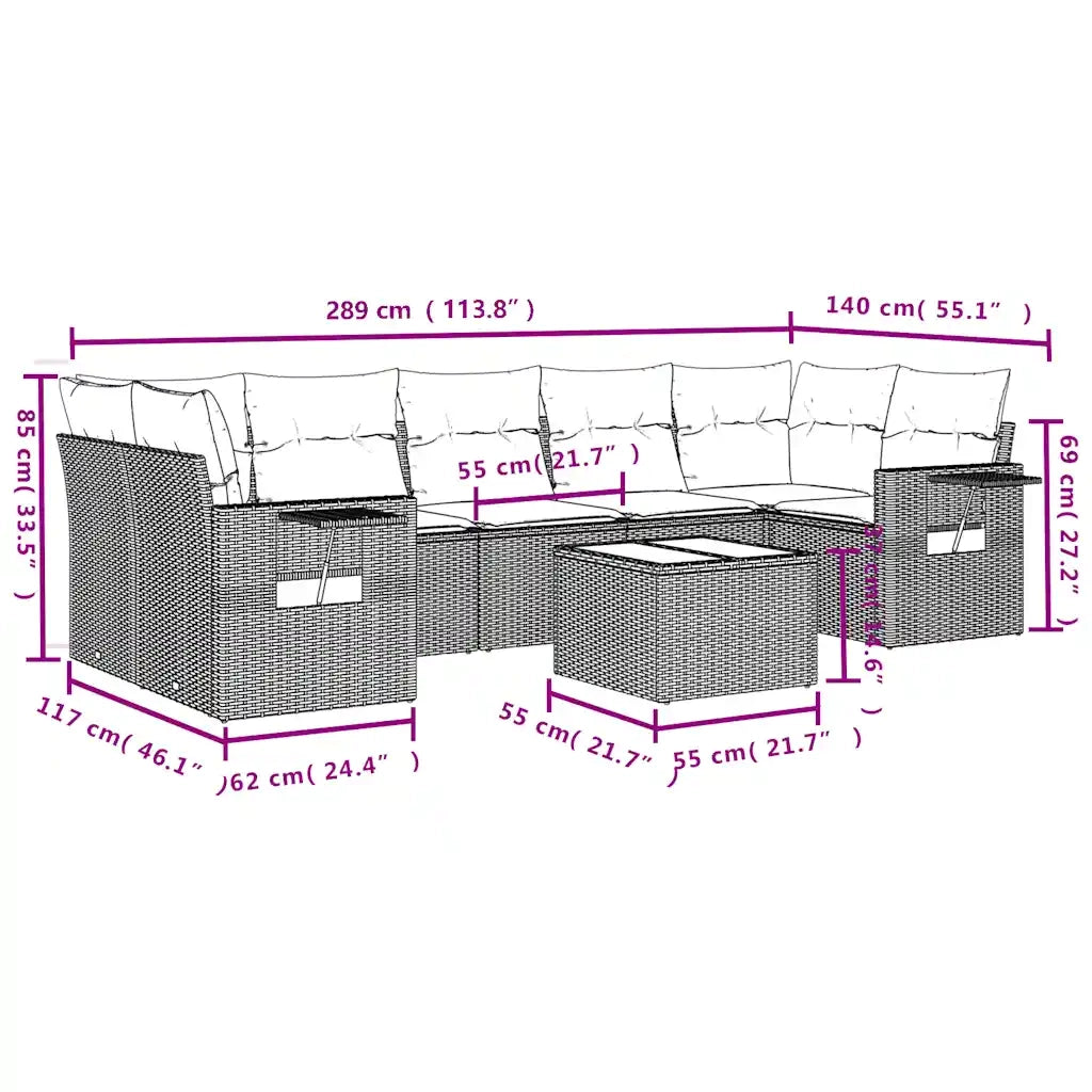 Set Divani da Giardino 8 pz con Cuscini Marrone in Polyrattan 3252280