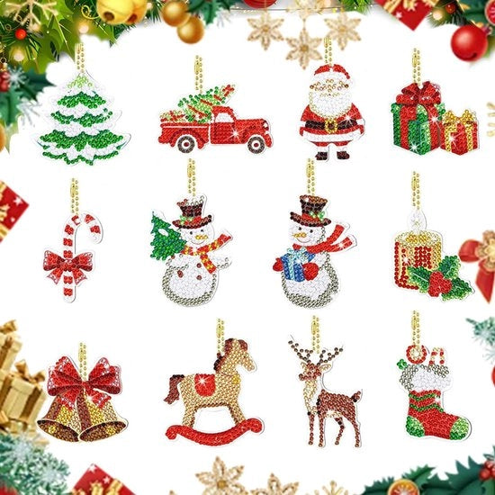12 set di pendenti per Babbo Natale, dipinto di diamante con pendente 5D, fai da te stesso, per bambini e adulti, decorazioni natalizie, Natale creativo, manufatti a mano, regalo per artigianato.
