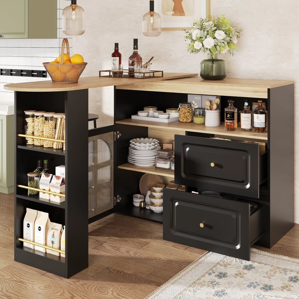 Isola cucina girevole a 360掳 allungabile 138-204 cm con 2 cassetti e anta in vetro; MDF; nero