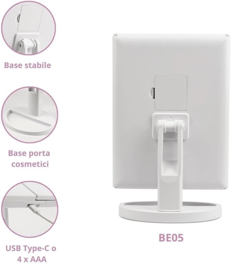 Girmi BE05 Stupenda Make-up Specchio per Trucco LED Touch Ingrandimento 2x 3x Alimentazione USB Batteria colore Bianco