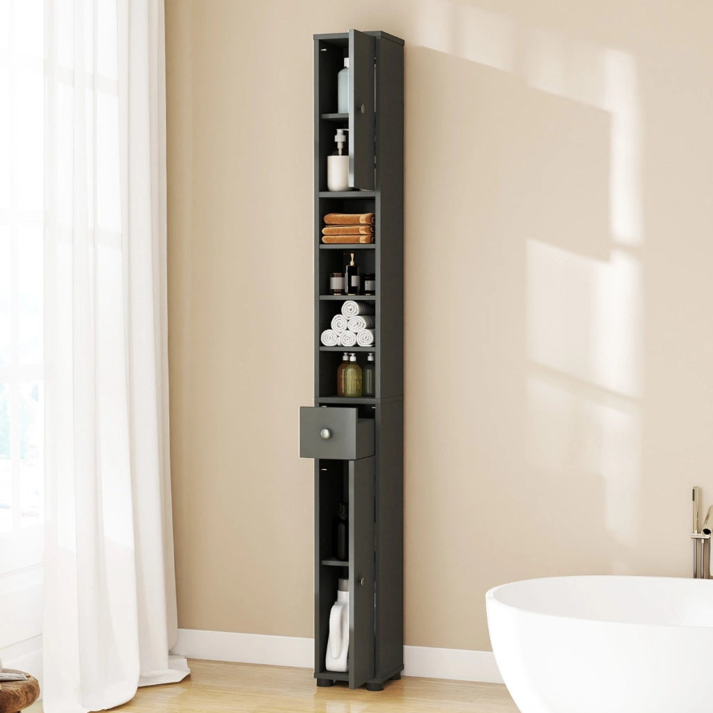 Armadio da bagno alto slim con 1 cassetto di stoccaggio, Armadio da bagno 5 ripiani regolabili struttura antiscivolo Grigio