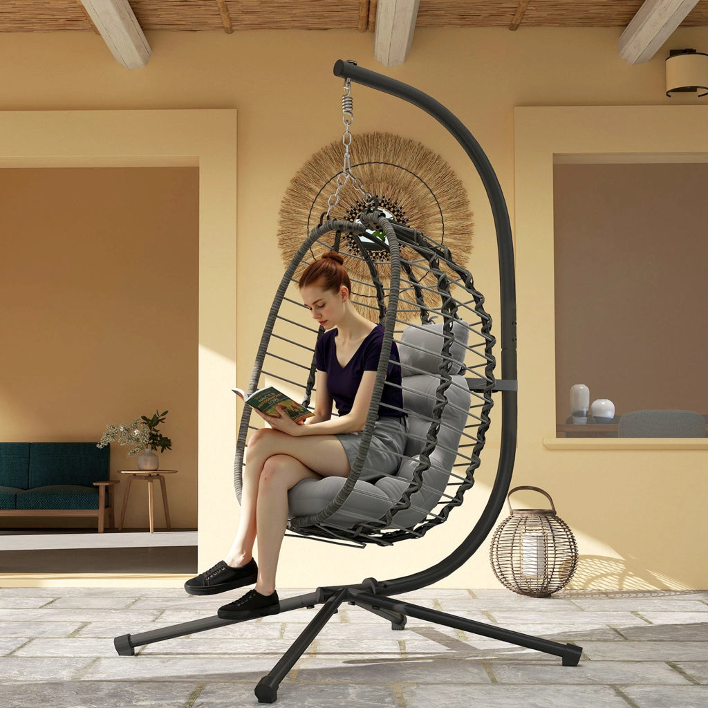 Sedia Sospesa a Uovo in Rattan con Cuscino ¨C Zephmum ¨C Grigio, Altezza Regolabile