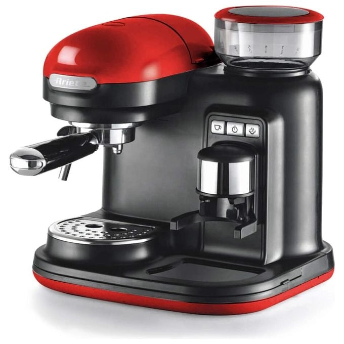 Ariete 1318 Macchina da Caffè con Macinacaffè - 1 filtro - Montalatte - 15 bar - 1080 Watt - 0,8 Litri - Linea Moderna - Rosso