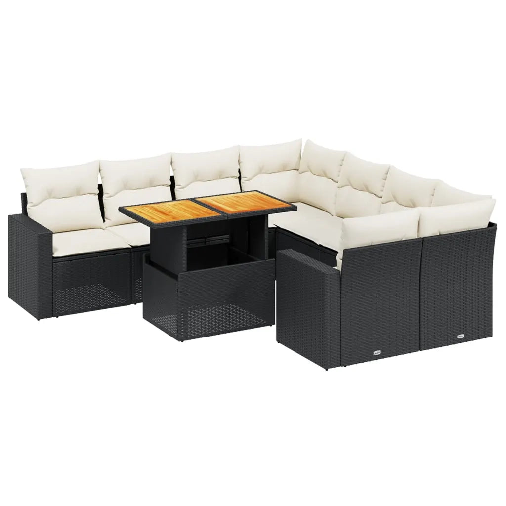 Set Divani da Giardino 9 pz con Cuscini Nero in Polyrattan