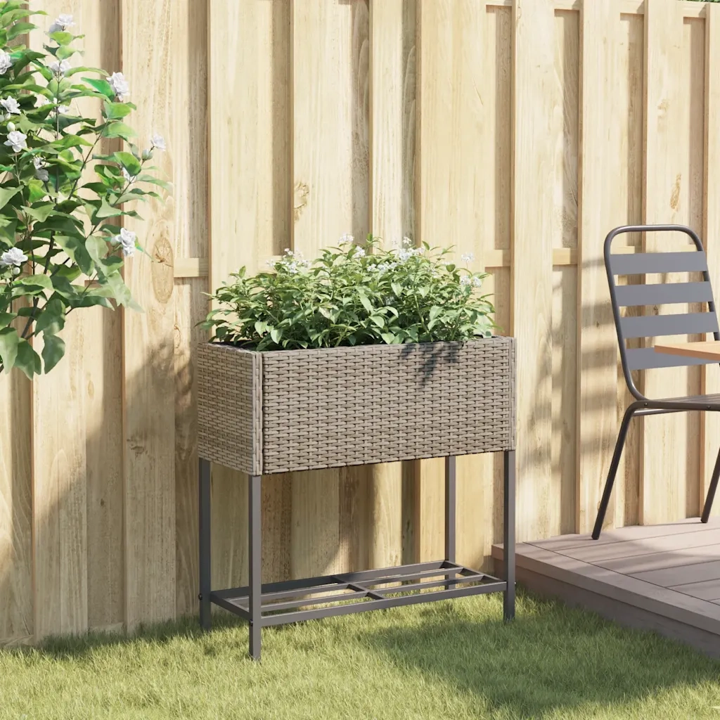 Fioriera | Cassetta per fiori | Vaso da Giardino con Ripiano Grigia in Polyrattan