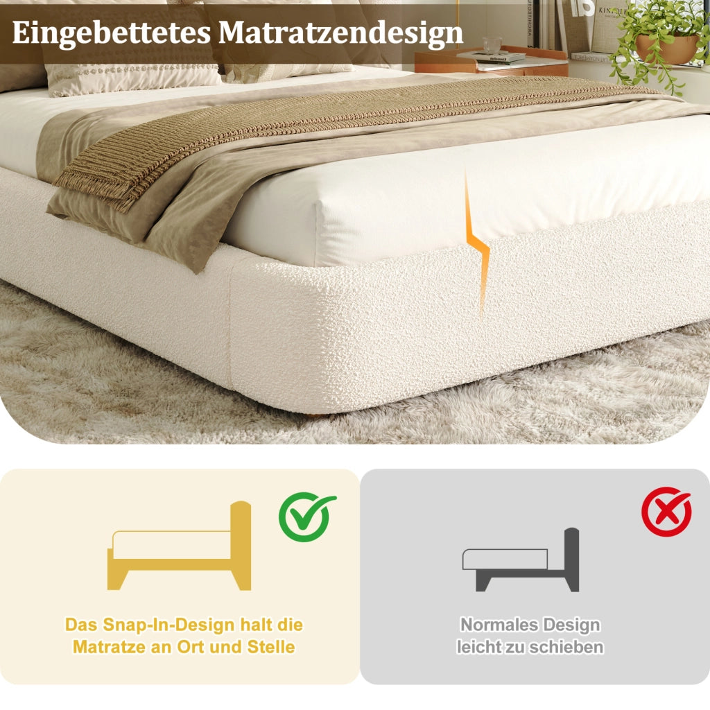 Letto imbottito con contenitore e testiera in bouclé beige