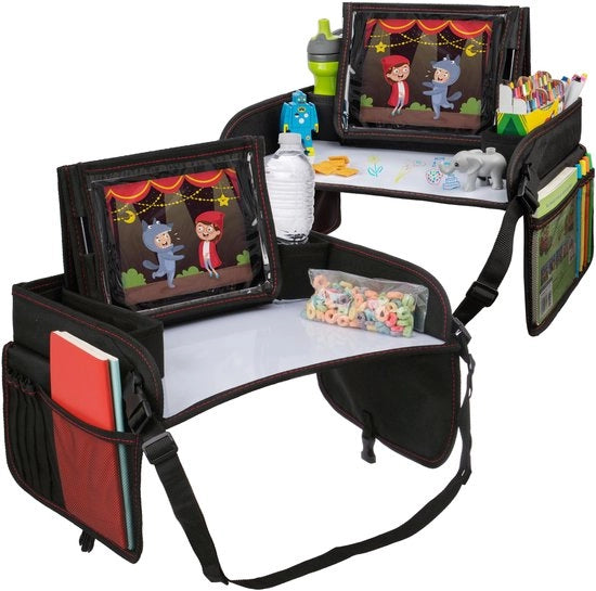 Tavolo per auto con pannelli scritti per bambini | Compagno di viaggio essenziale | Tavolo per bambini per auto | Sostegno per tablet | Portabibite | Spazio per giocattoli | Organizzatore per auto e sedile aereo (2-pack)