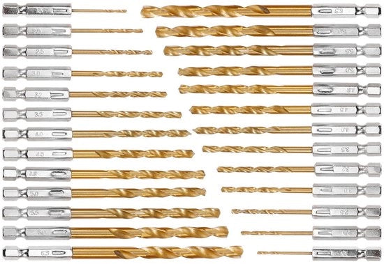 Set di fori 26 pezzi - Acciaio HSS rivestito di titanio - 1,5-6,5 mm - Maniglia a 6 facce - Cambio rapido - Resistente alla corrosione - Adatto per metalli - Foro a mano