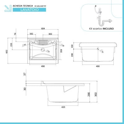 Mobile lavatoio 60x60 cm vasca in resina con asse e kit di scarico