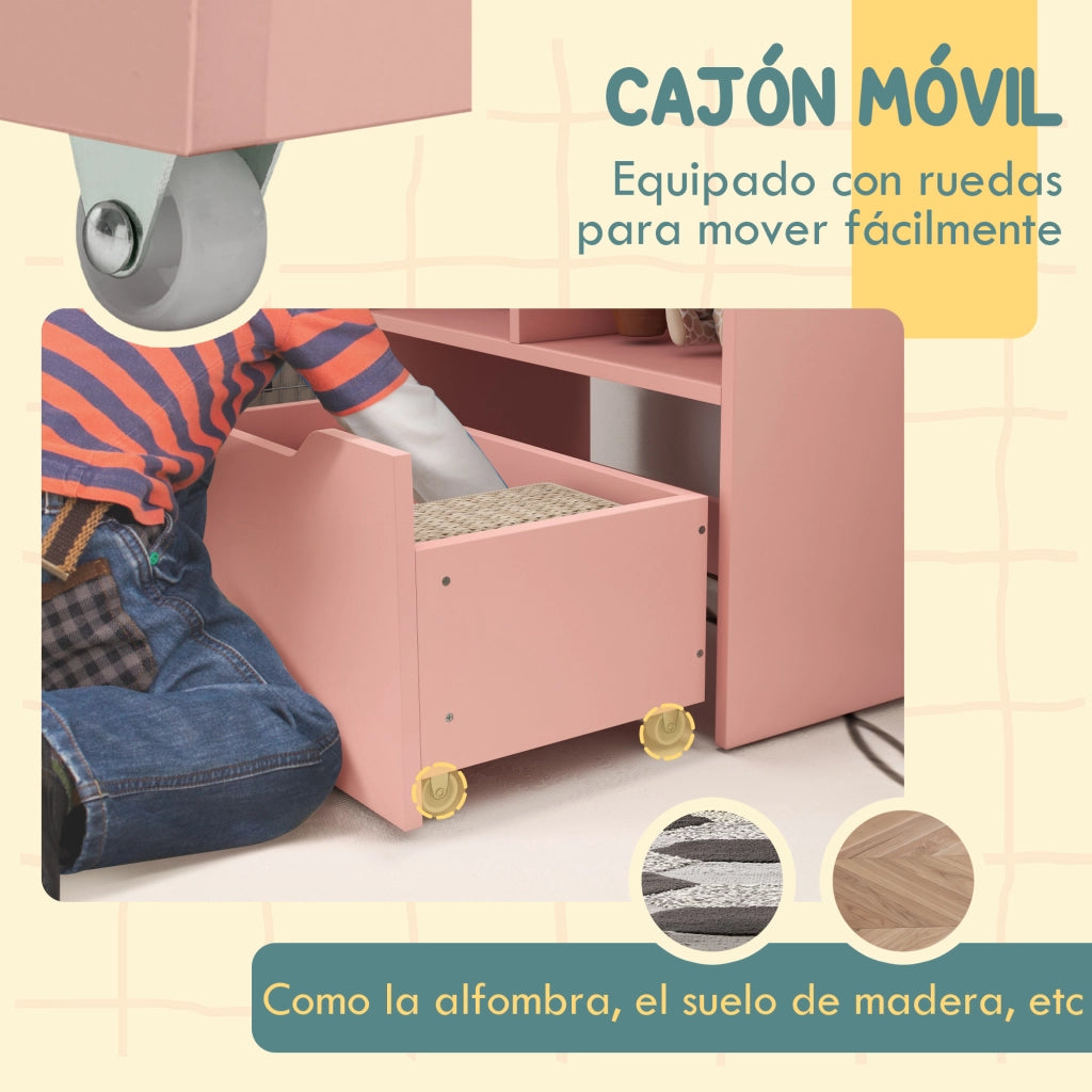 Libreria per Bambini con 3 Ripiani, 2 Cubi e Cassetto con Ruote ¨C Minimal ¨C Rosa 60x30x90 cm