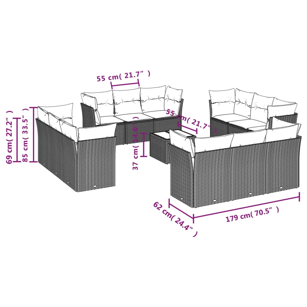 Set Divani da Giardino 13 pz con Cuscini Grigio in Polyrattan 3217340