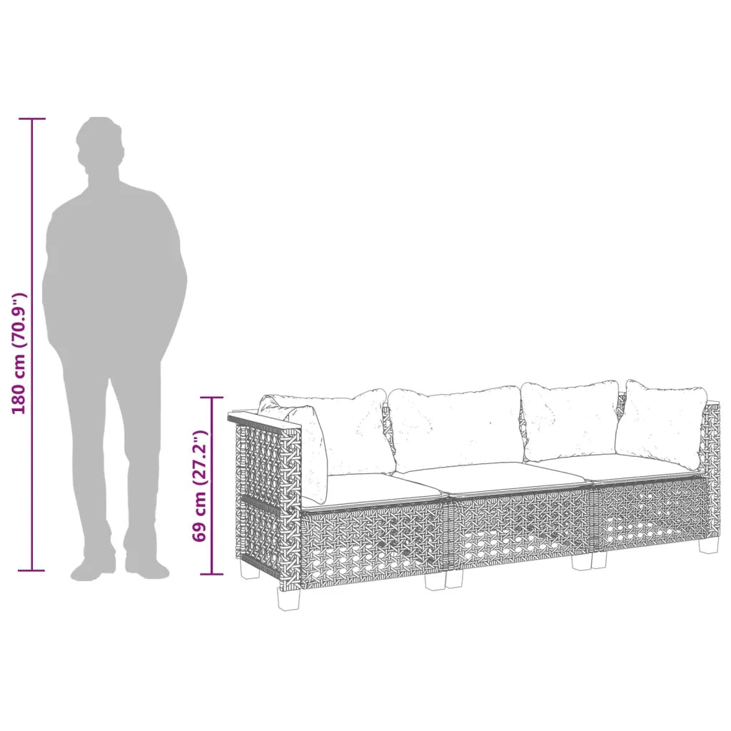 Divano da Giardino a 3 Posti con Cuscini Nero in Polyrattan 365938