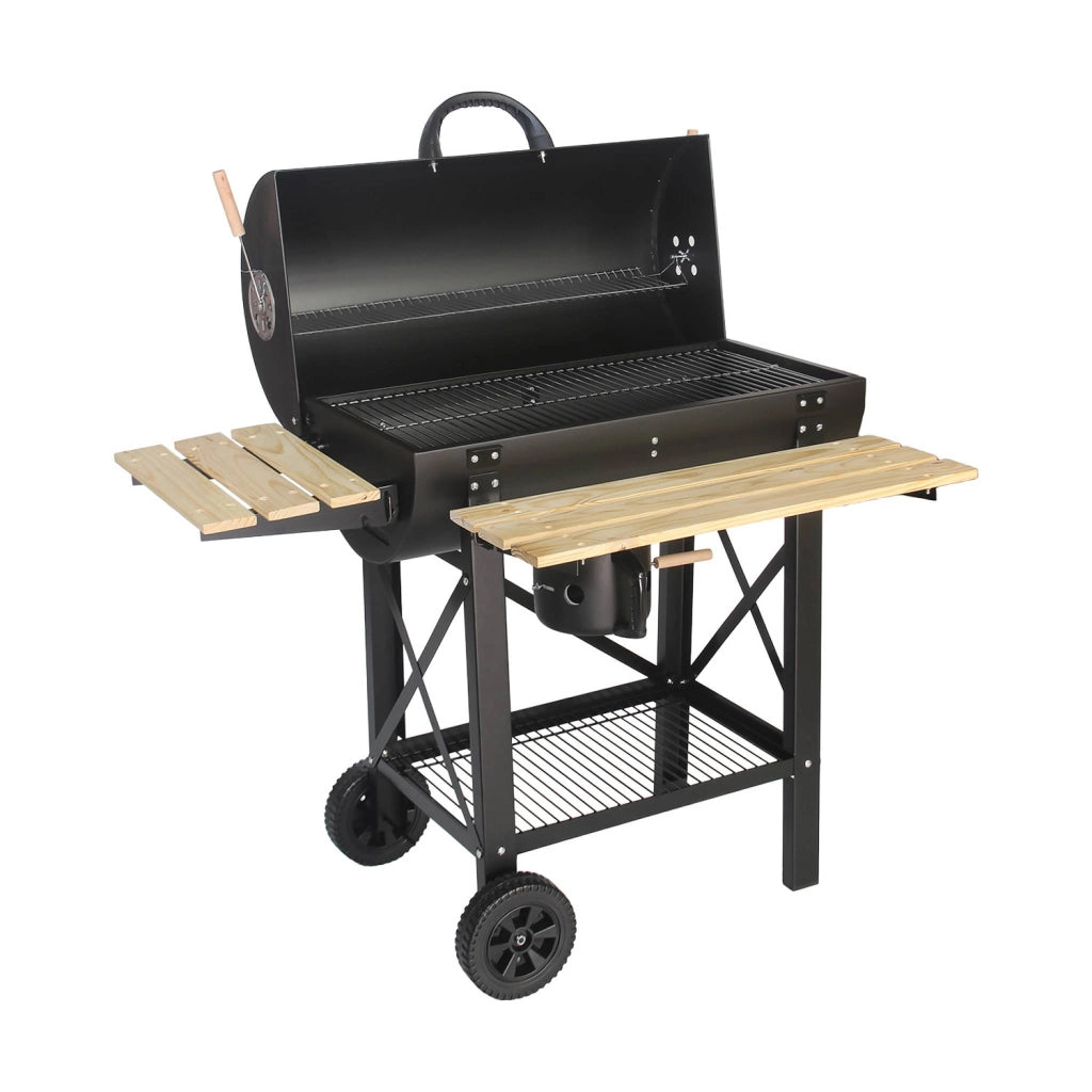 Barbecue a carbone, griglia e affumicatore americano, ruote e ripiani
