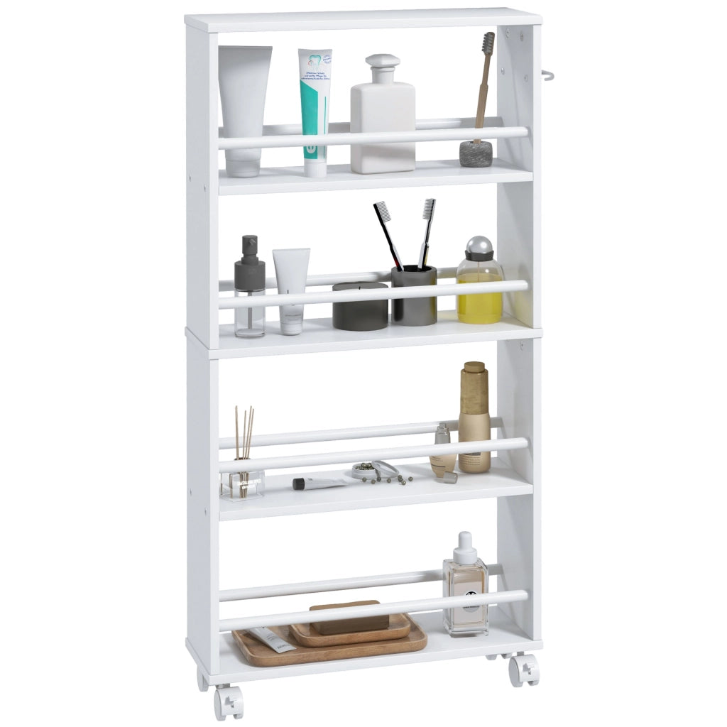Libreria con Ruote, Stretto, 4 Ripiani ¨C Minimal ¨C Bianco 45x15x91 cm
