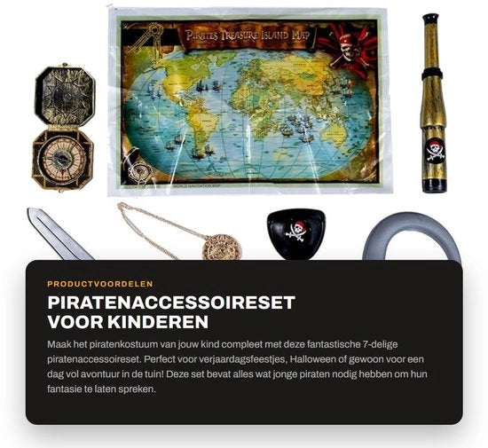 Set di accessori pirata 7 pezzi - Pugnale - Bussola - Telescopio - Lente d'ingrandimento - Mappa del tesoro - Medaglione d'oro - Costume da pirata