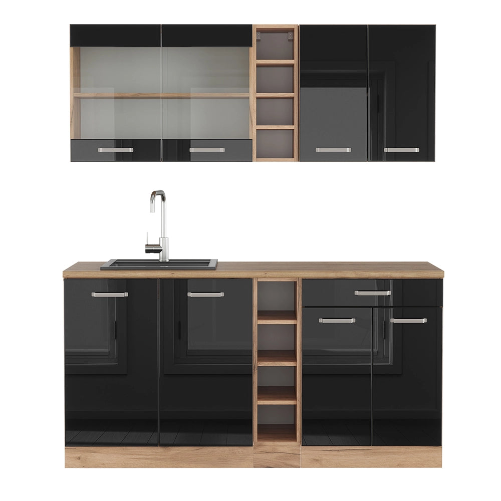 Cucina monoblocco R-Line Nero lucido/Rovere dorato 160 cm Senza piano di lavoro Vicco