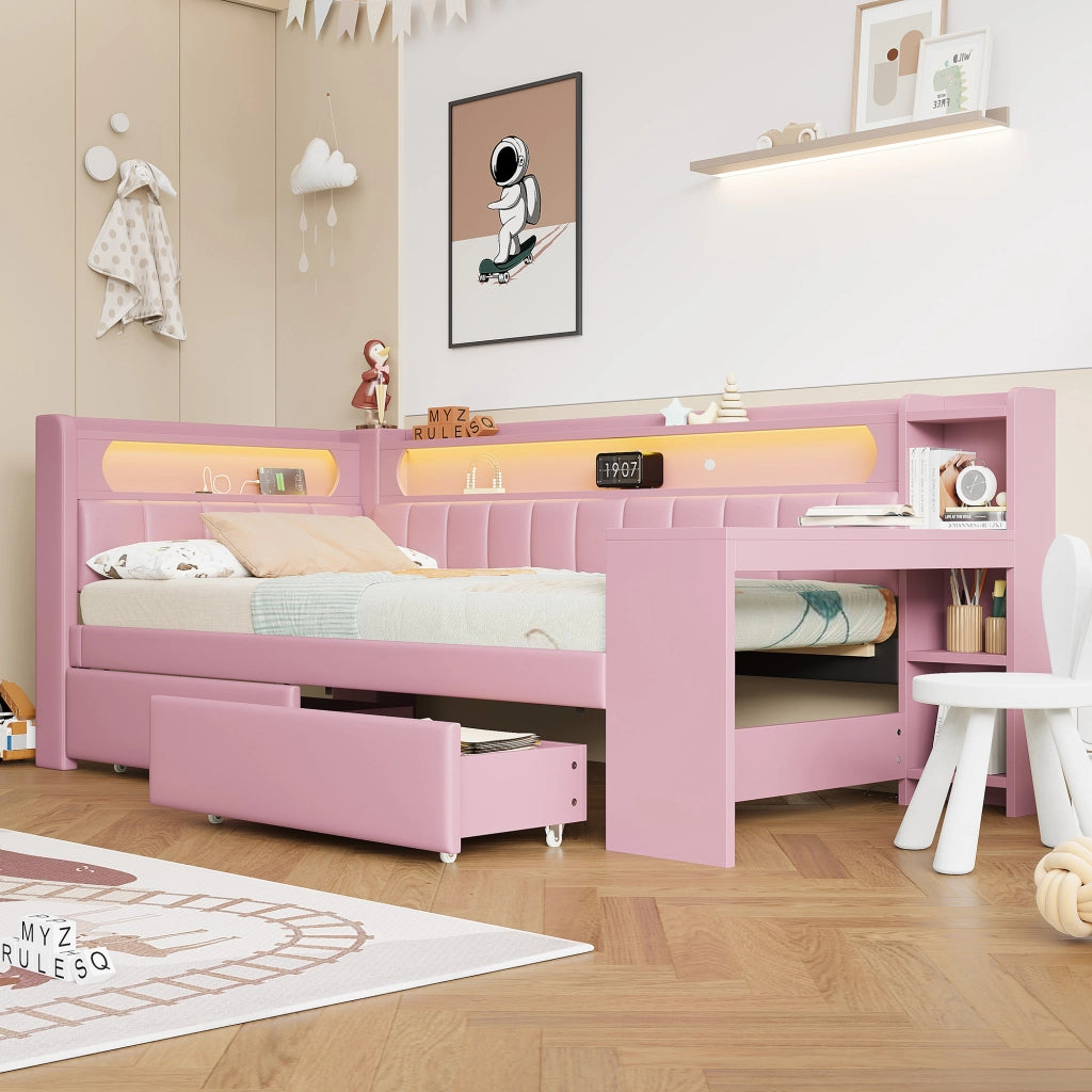Daybed imbottito 90x200 rosa con USB; LED; scrivania e 2 cassetti