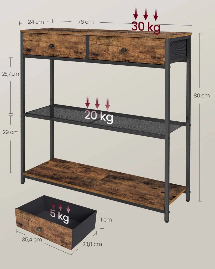 Tavolino da ingresso stretto con 2 cassetti in tessuto consolle/tavolino laterale su 3 livelli 24 x 76 x 80 cm per ingresso/soggiorno marrone 12_0007999