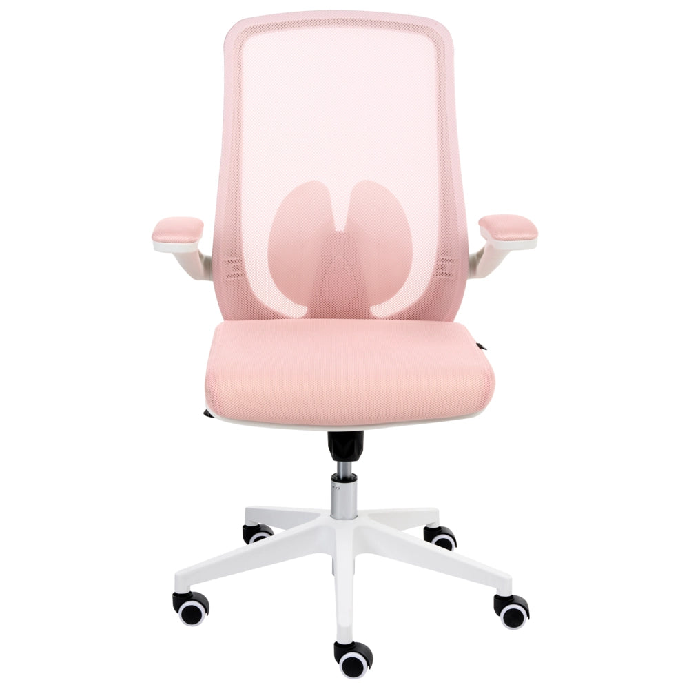 Sedia da ufficio con base girevole e braccioli regolabili in altezza con rete rosa pastello stile moderno