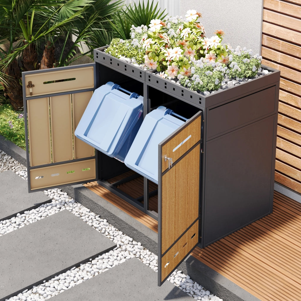 Box per rifiuti a doppio scomparto in acciaio laminato a freddo grigia effetto legno con fioriera per esterni
