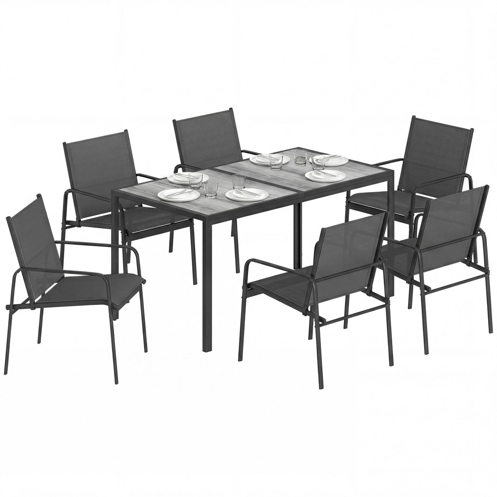 Set tavolo e sedie da giardino ¨C Xylo ¨C 150x80cm tavolo + 6 sedie effetto legno acciaio nero