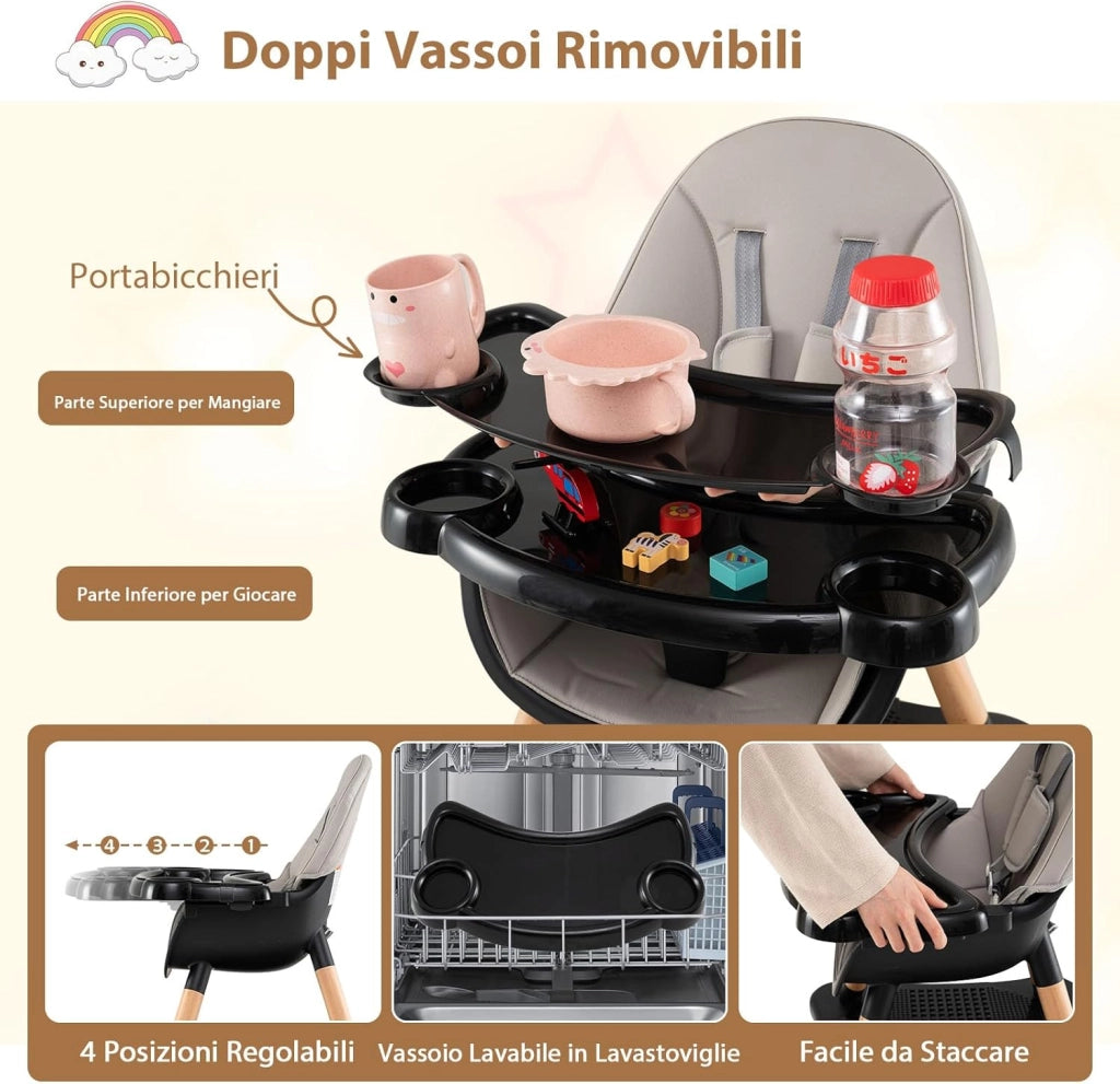 6-in-1 Seggiolone per Neonati, Seggiolone Prima Pappa, Tavolo e Sedia Convertibile per Bambini, Imbracatura di Sicurezza, Vassoio Rimovibile, per Bambini 6-36 Mesi (Grigio+Nero)