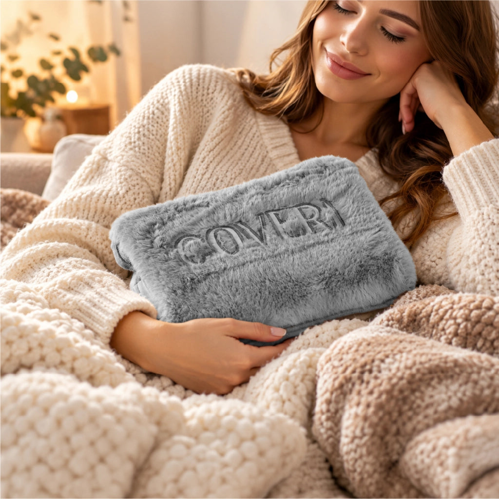 Borsa Acqua Calda Elettrica COVERI con 2 Tasche Scaldamani, Rivestimento Morbido e Soffice, Ricarica Rapida 15 Minuti, Scaldino Elettrico Riutilizzabile per Casa e Inverno Grigio