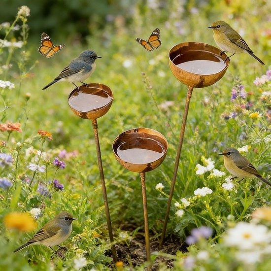 Contenitore per insetti con 3 ciotole di raccolta - Decorazione per giardino all'aperto - Stuzzicadenti per giardino vintage - Metallo robusto - Aspetto naturale di ruggine
