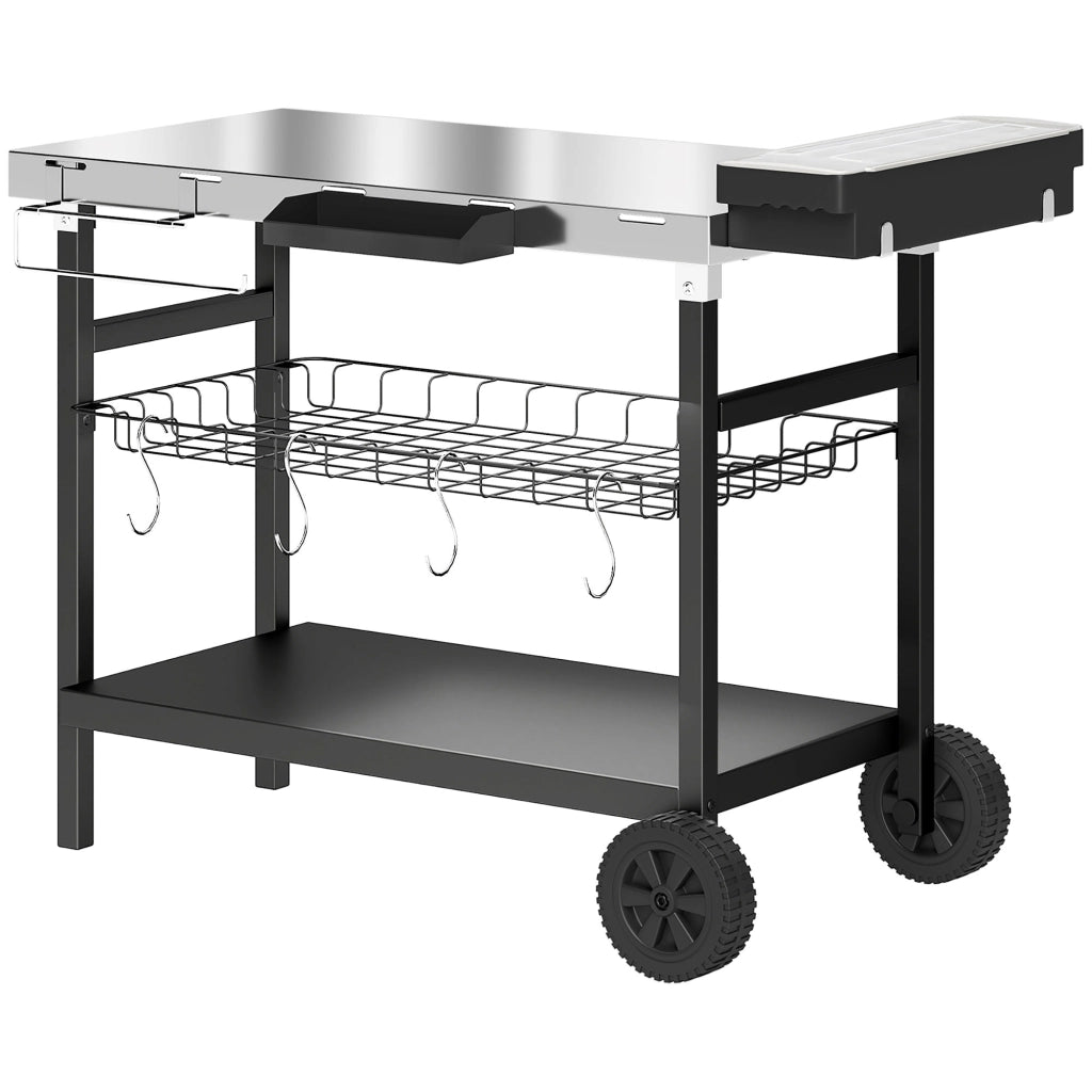 Carrello Barbecue da Esterno con Piano in Acciaio Inossidabile, Porta Spezie, Ganci e Maniglia Laterale, Nero