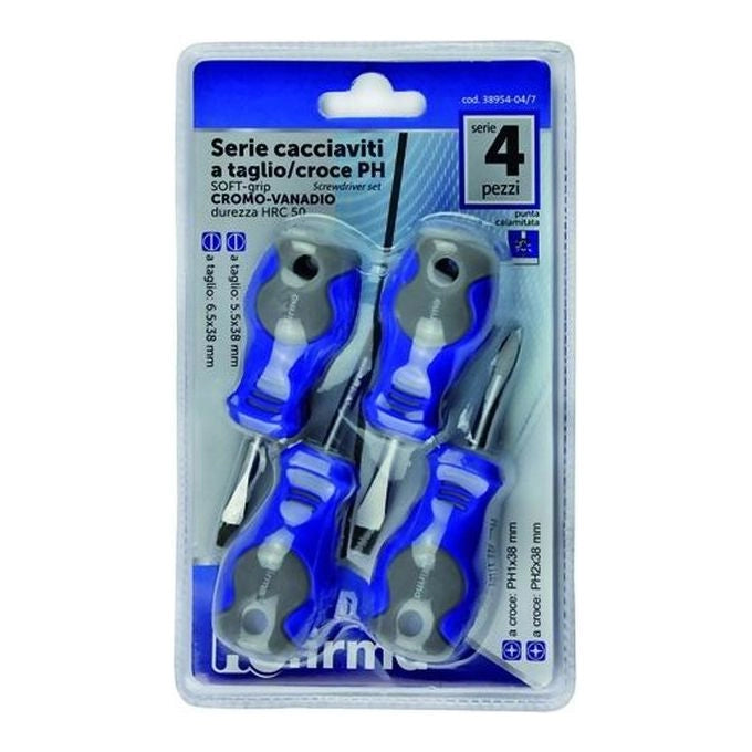 Hufirma 3895404 Serie Cacciaviti Nani CRV Set 4 Pezzi Taglio Croce PH Soft-Grip Punta Calamitata colore Azzurro