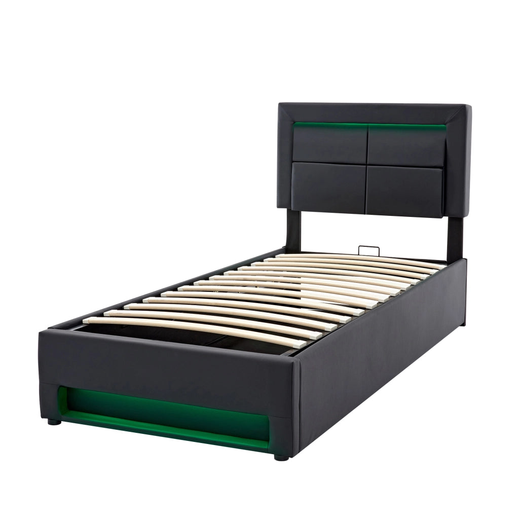 Letto singolo imbottito – 90x200 cm – USB LED contenitore – PU litchi nero