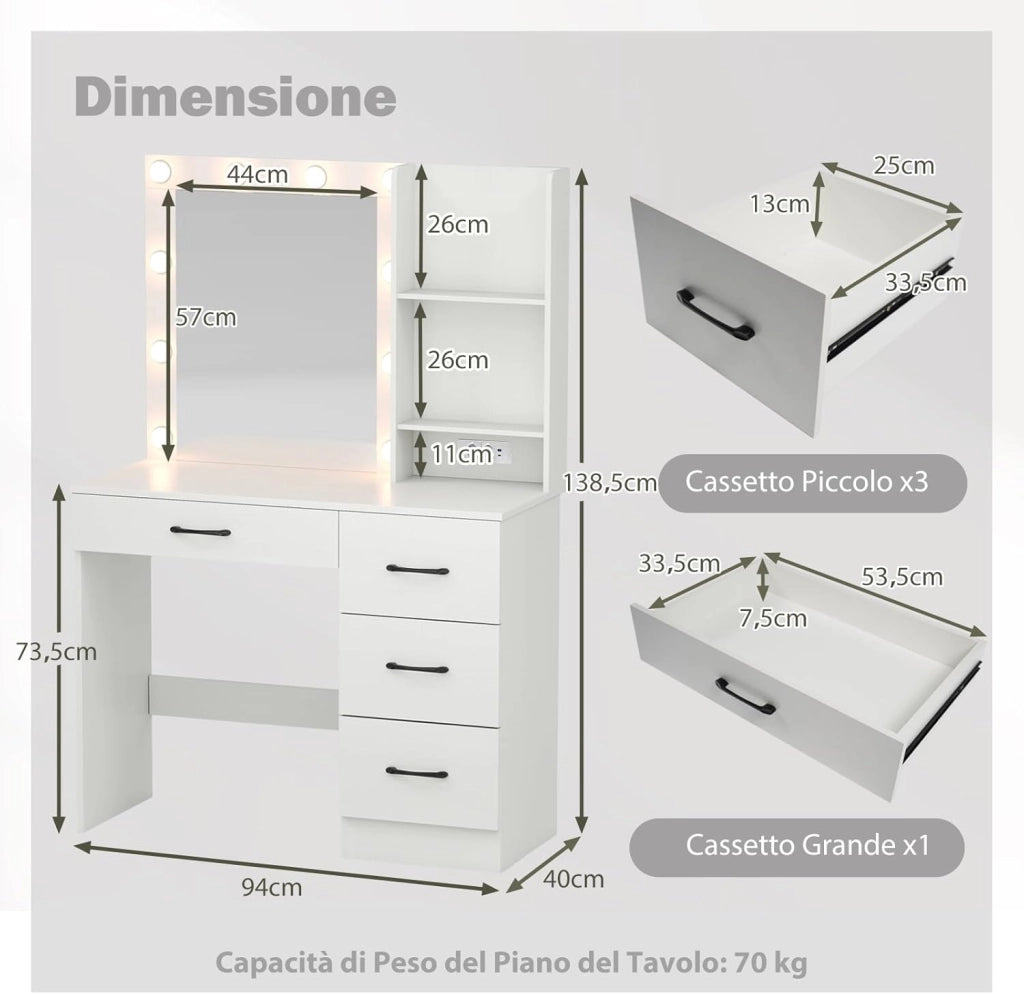 Toeletta da Trucco con Specchio, Tavolo da Trucco con Stazione di Ricarica, Luci LED a 3 Colori, Tavolo da Trucco con 4 Cassetti, 2 Ripiani, per Camera da Letto, Soggiorno