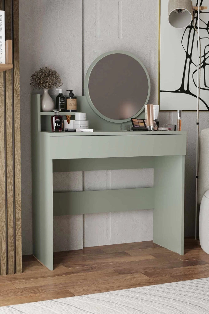 Comodino "Harmony Mini Round" con specchio in legno - 90 x 40 x 133 cm - Verde