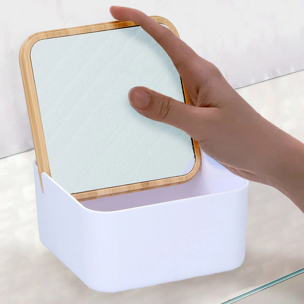 Portagioie con Specchio e Coperchio in Bambù Organizer per Trucco Bianco