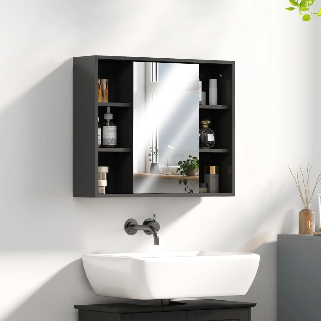 Mobiletto da bagno con specchio, ante e 6 scomparti aperti ¨C Minimal ¨C Nero 60x14.5x49.4 cm