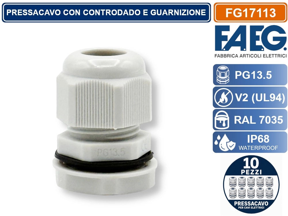 CONFEZIONE 10 PEZZI FAEG FG17113 PRESSACAVO IN NYLON PASSO PG13.5 GRIGIO RAL 7035 IP68