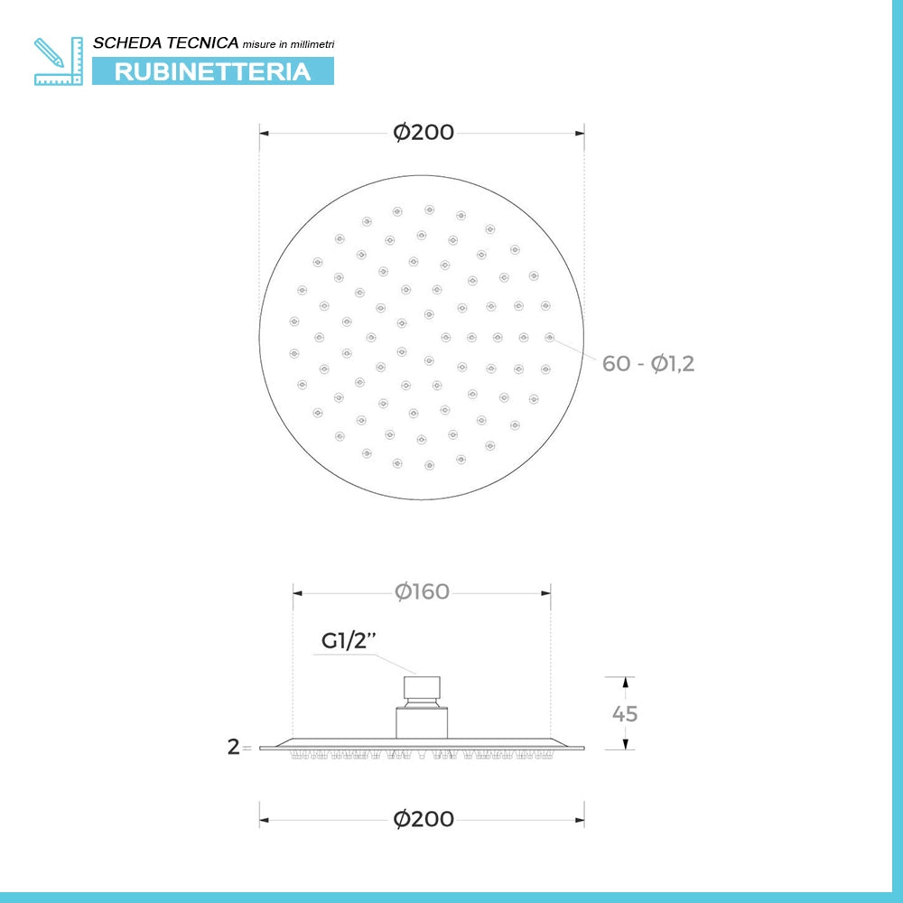 Set doccia tondo braccio verticale 30 cm e soffione 20cm cromo