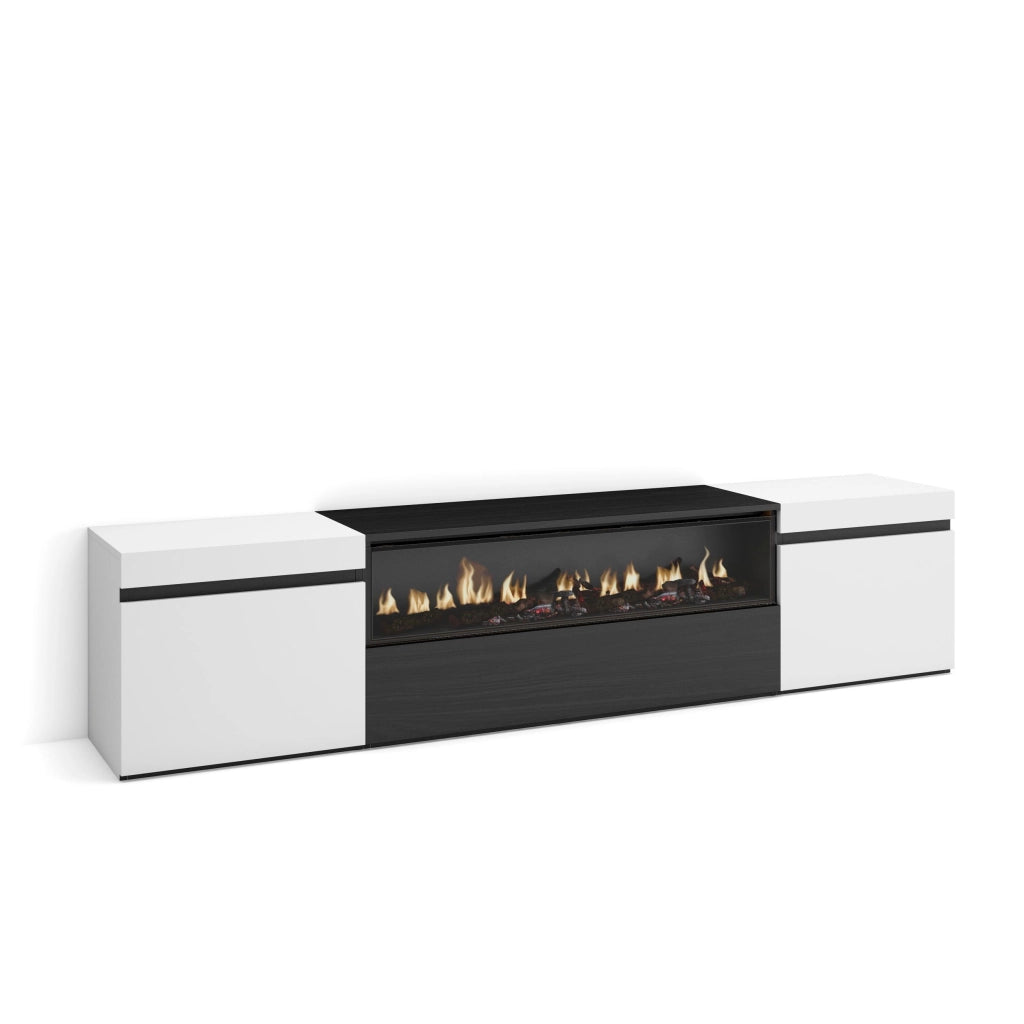 Mobile TV, 200x35x45cm, soggiorno, Per TV fino a 80", Camino elettrico, Bianco e nero RF2169