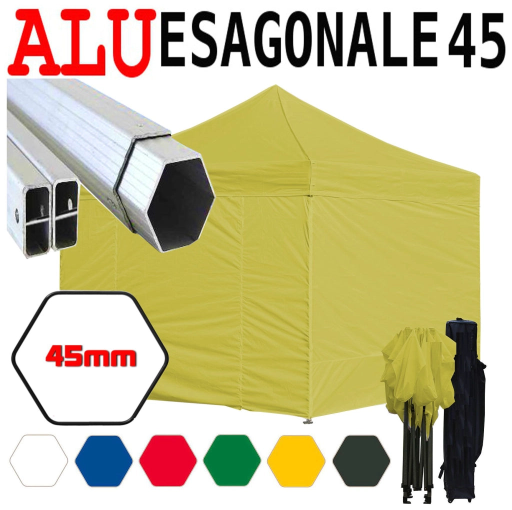 Gazebo 3x3 m giallo pieghevole alluminio piantone esagonale 45mm portatile estendibile richiudibile estensibile acciaio con laterali per fiere eventi stand chiosco tenda tendone mercato mercatino
