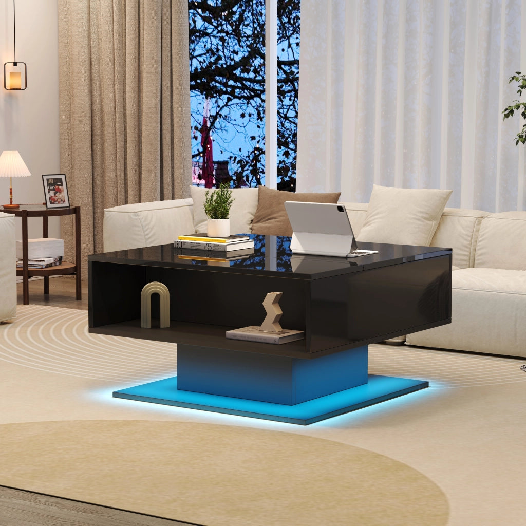 OKWISH Tavolino da Salotto Alzabile con Vano Contenitore e Spazio Semiaperto, LED, per Soggiorno, Pannello di Particelle, Nero, 80 x 75 x 40 cm