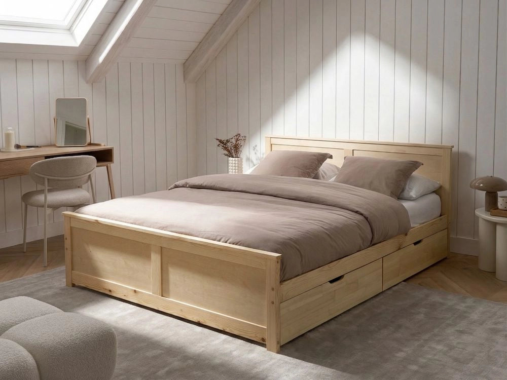 Letto matrimoniale con 2 cassetti in legno marrone chiaro stile 160 x 200 cm con testiera in stile scandinavo