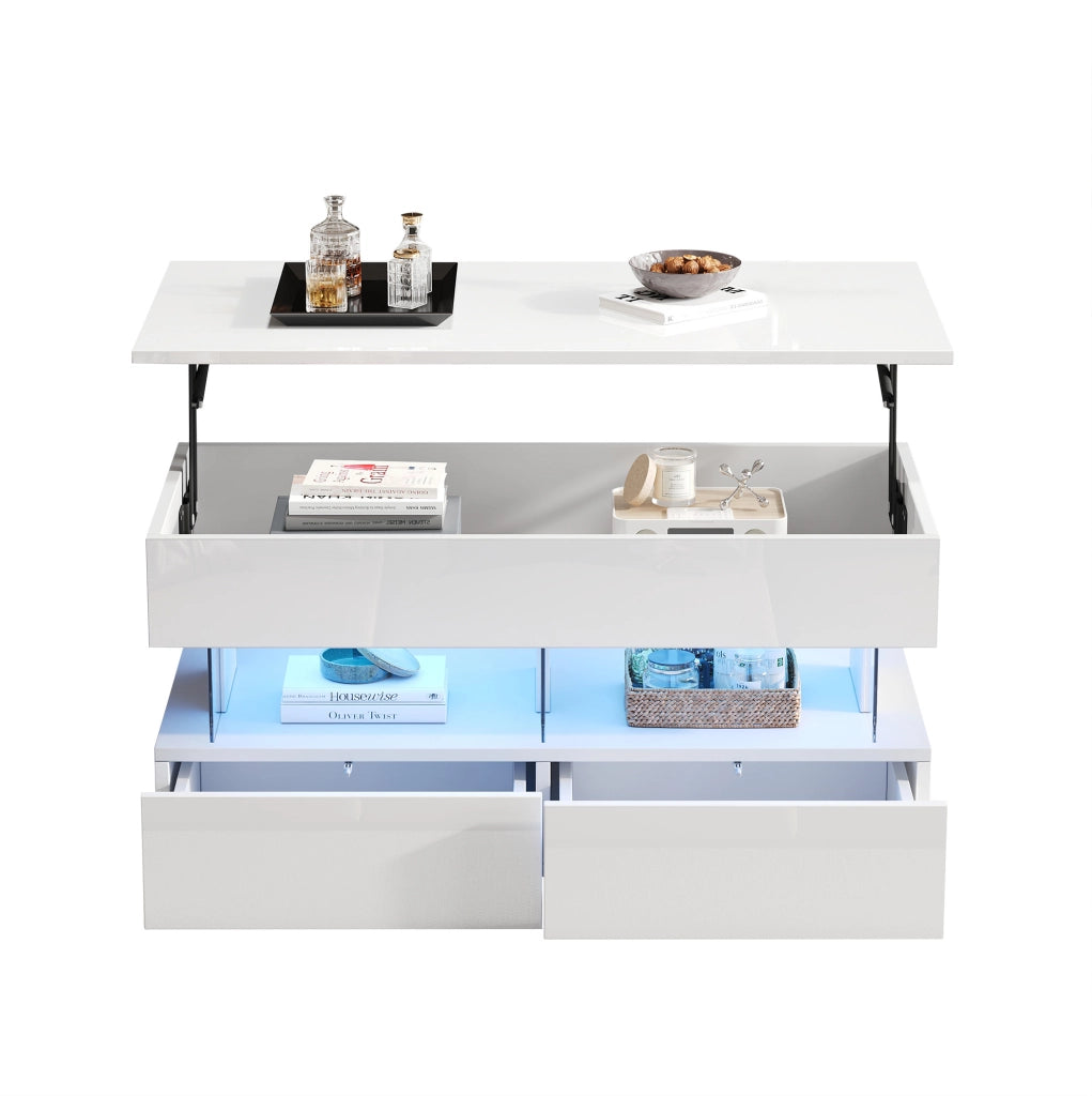 Tavolino da salotto ULEVR 100x50x46 cm con piano sollevabile idraulico, LED Bluetooth e 2 cassetti, bianco